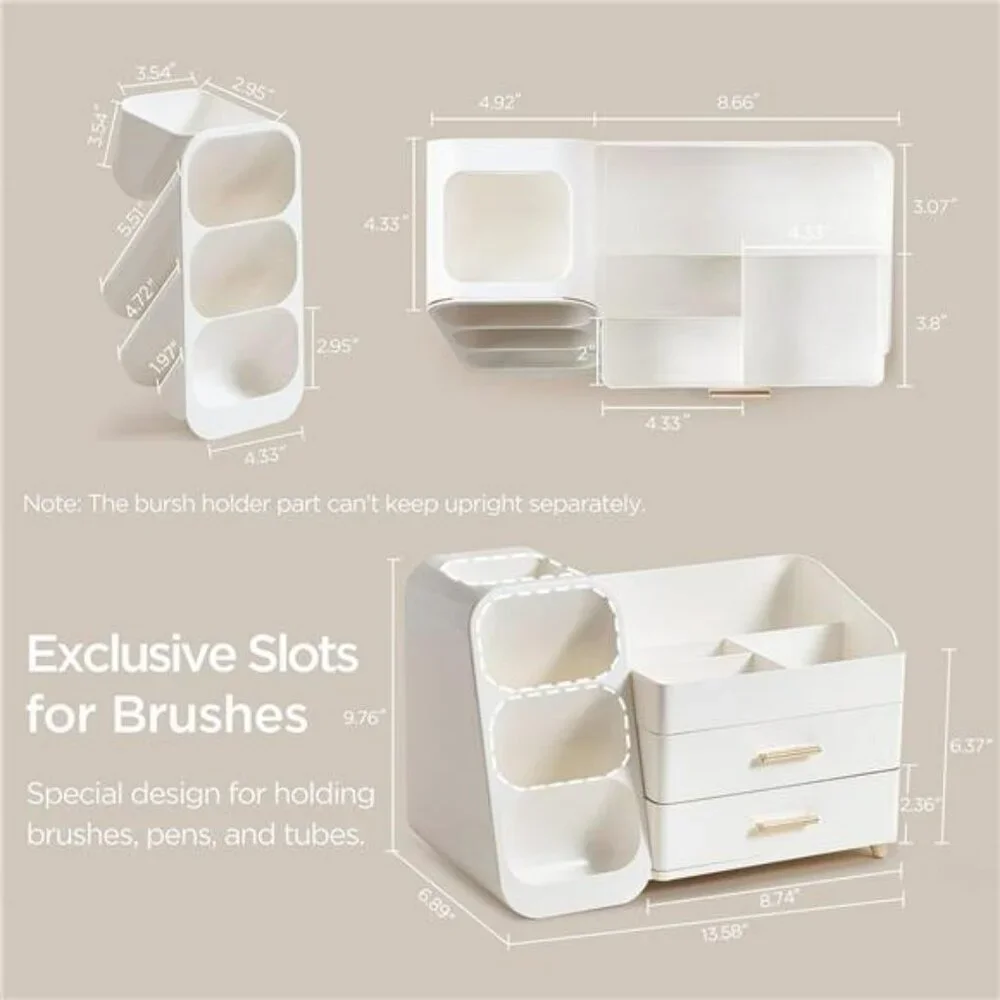 Makeup Organizer with Brush Holder Vanity Skincare Storage Drawers White
